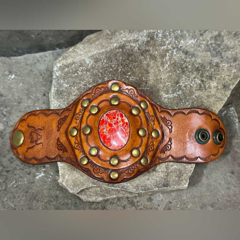 Hand Tooled Leather Cuff with Red Sea Sediment Jasper